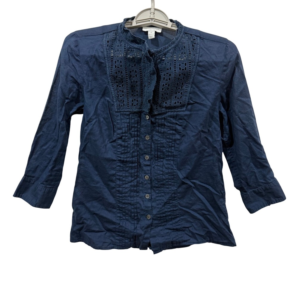 Charter Club Petite Navy Blue Cotton Crochet Lace Pintuck‎ Button Up Blouse 4P